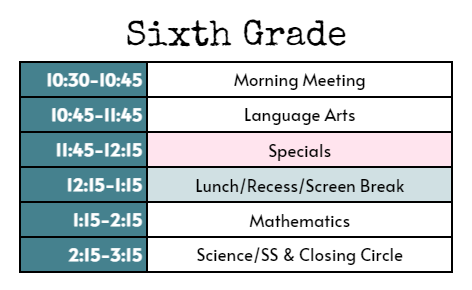 6th Grade Schedules