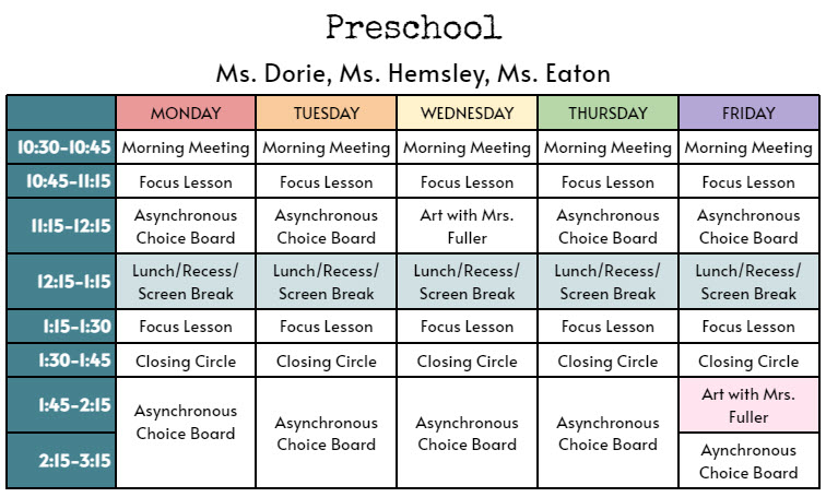 Preschool -Virtual Schedule