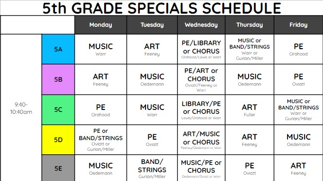 fifth grade specials schedule