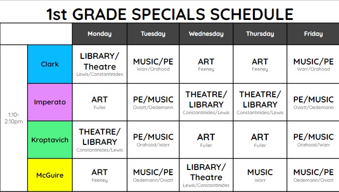 first grade specials schedule