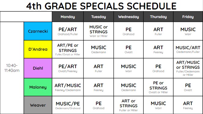 fourth grade specials schedule