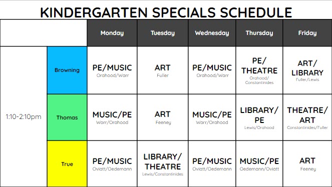 kindergarten specials schedule