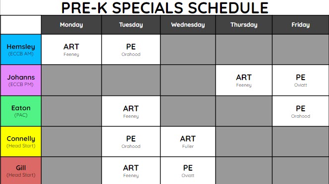 prek specials schedule