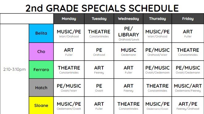 second grade specials schedule