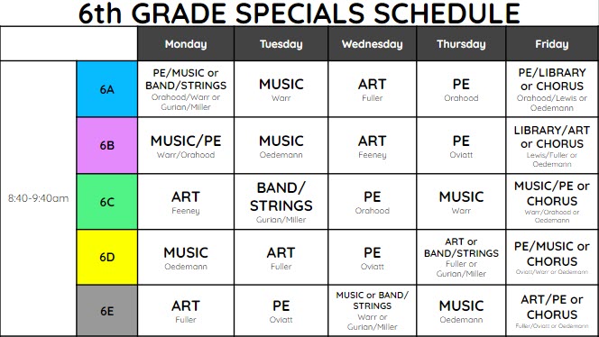 sixth grade specials schedule