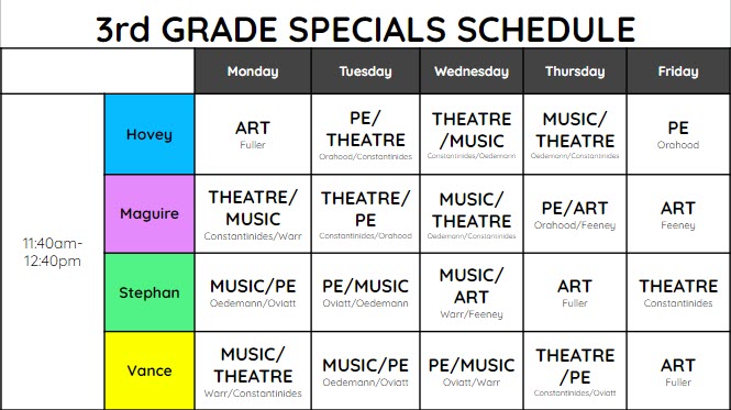 third grade specials schedule